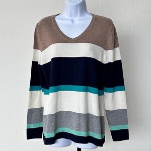 NWT Croft Barrow tan aqua ivory striped long-sleeved v-neck womens sweater sz M